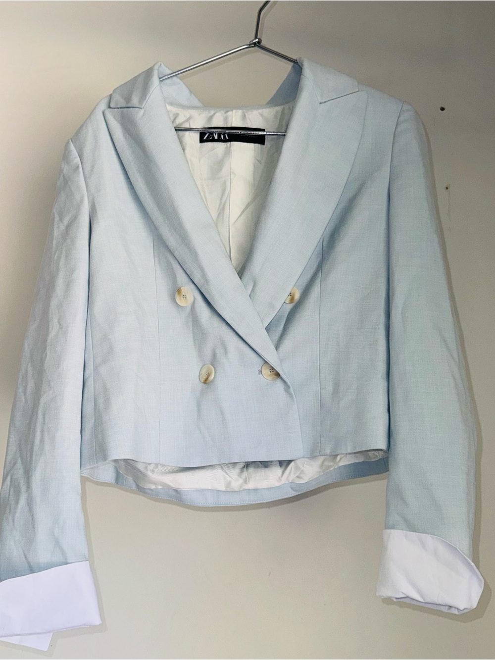 Zara Pale Blue Cropped Double-Breasted Blazer with White Cuffs